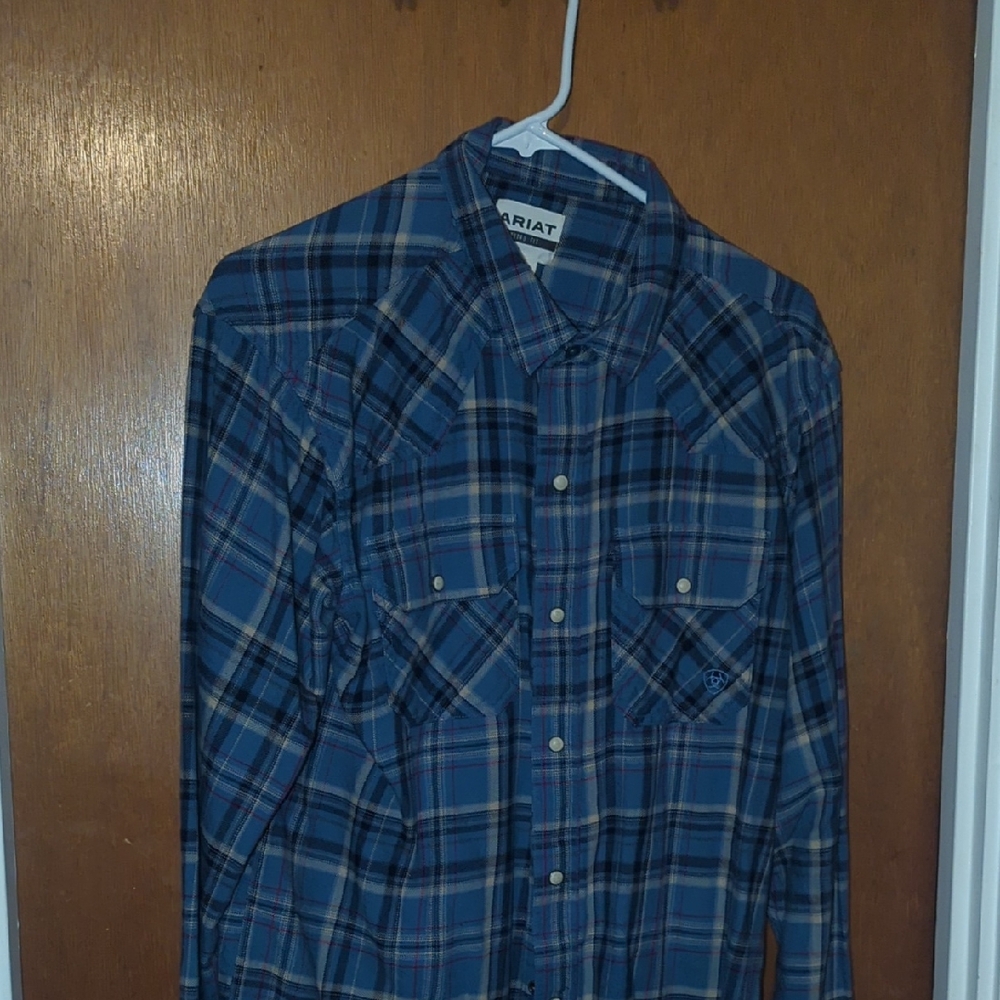 Ariat Men's Navy and Tan Plaid Button Down Shirt